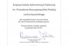 Certyfikat poświadczający podpisanie przez KSAP porozumienia na rzecz stosowania prostego języka.